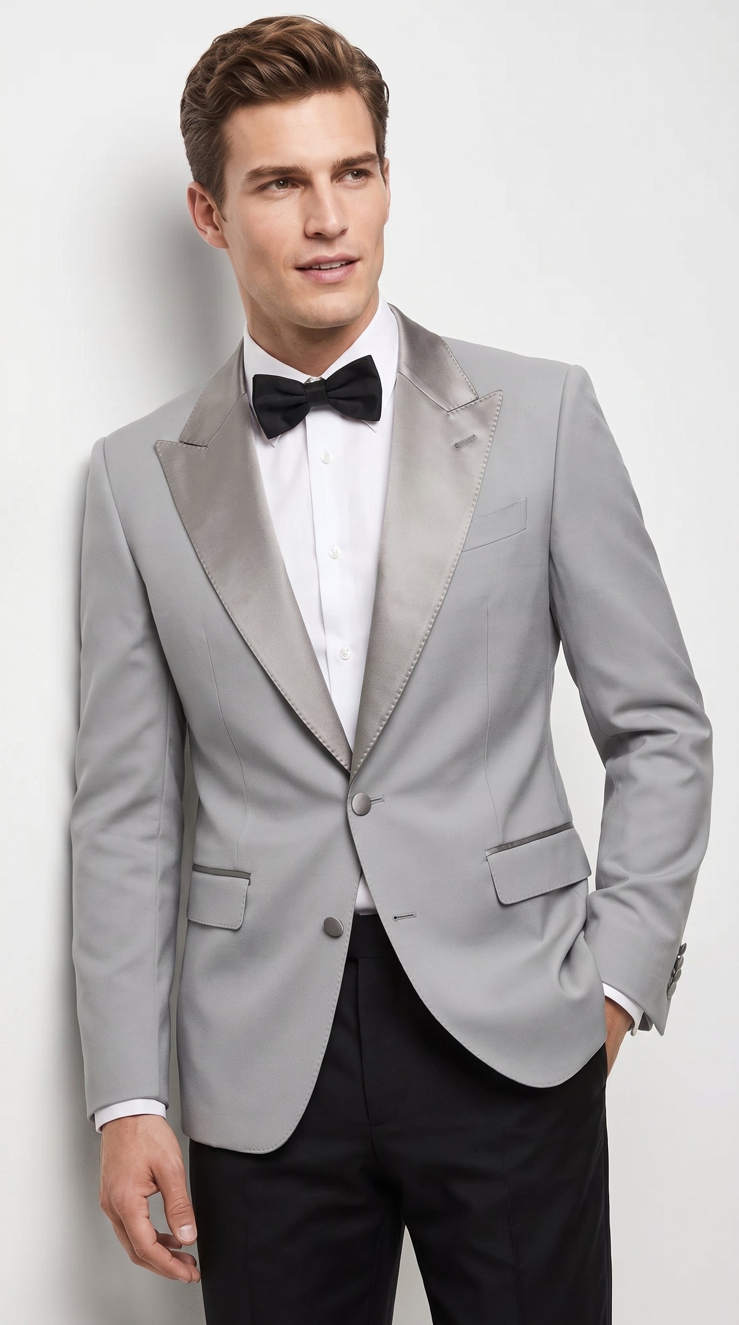 Men’s Silver Dinner Jacket – Satin Peak Lapel Tuxedo Blazer for Weddings, Prom & Formal Events in color silver grey
