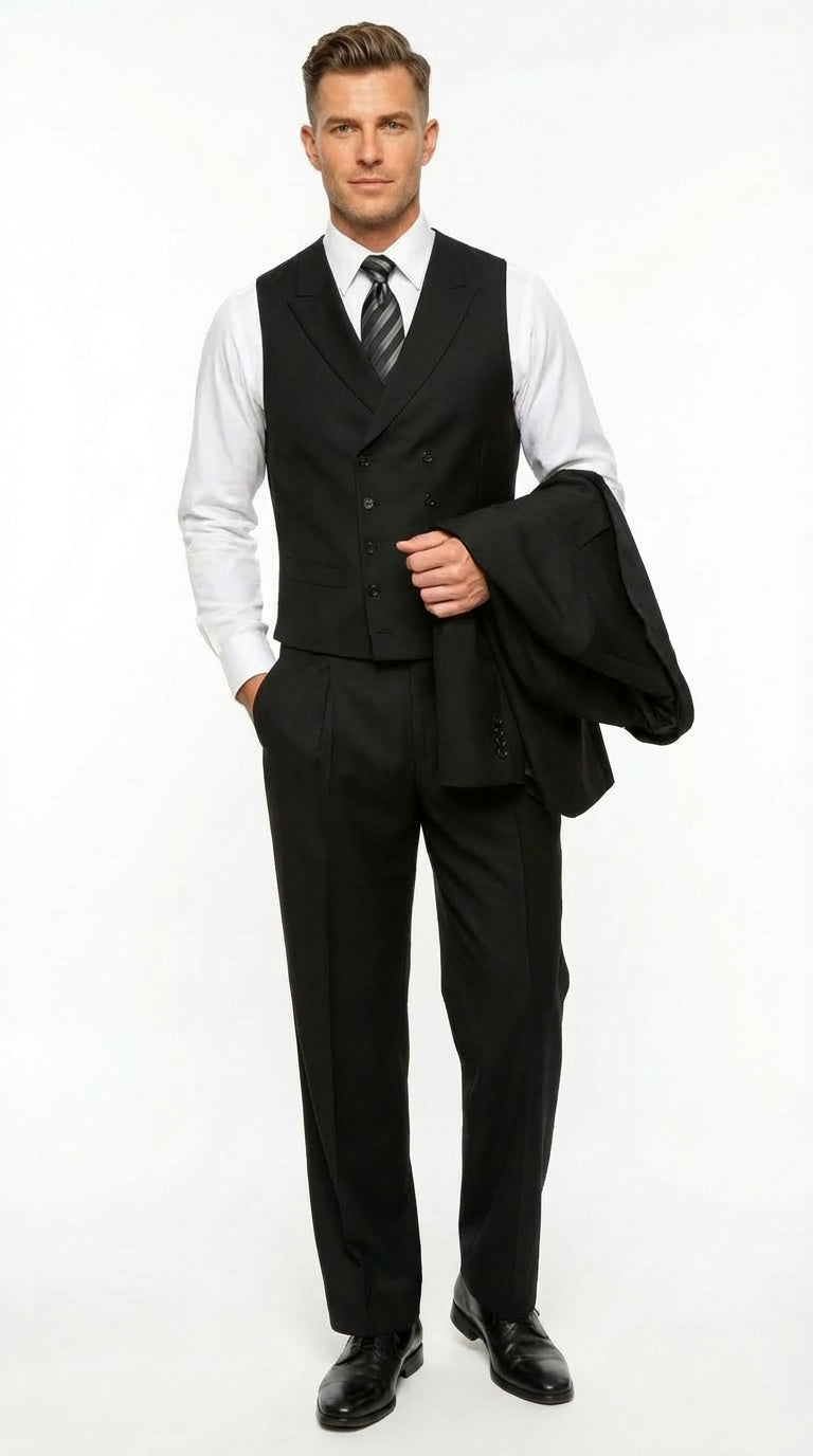 Tiglio Mens Black 3 Piece Suit – Single Button Classic Fit Pleated Wide Leg Pants Formal Business Chruch Suit - 100% Wool