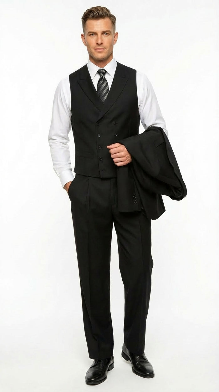 Tiglio Mens Black 3 Piece Suit – Single Button Classic Fit Pleated Wide Leg Pants Formal Business Chruch Suit - 100% Wool