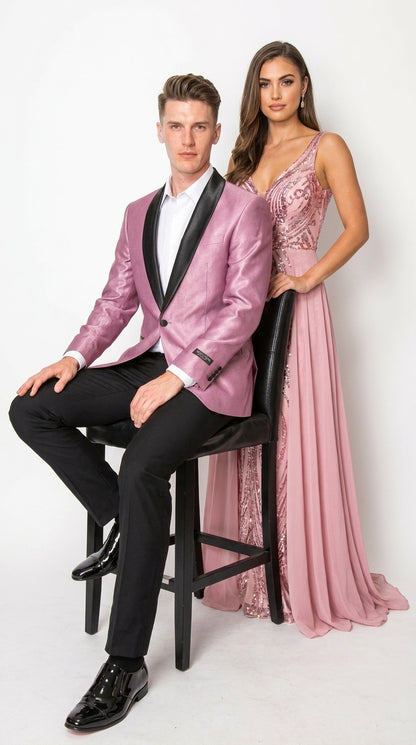 Men’s Shiny Pink Tuxedo Dinner Jacket with Black Pants – Shawl Lapel Formal Tuxedo
