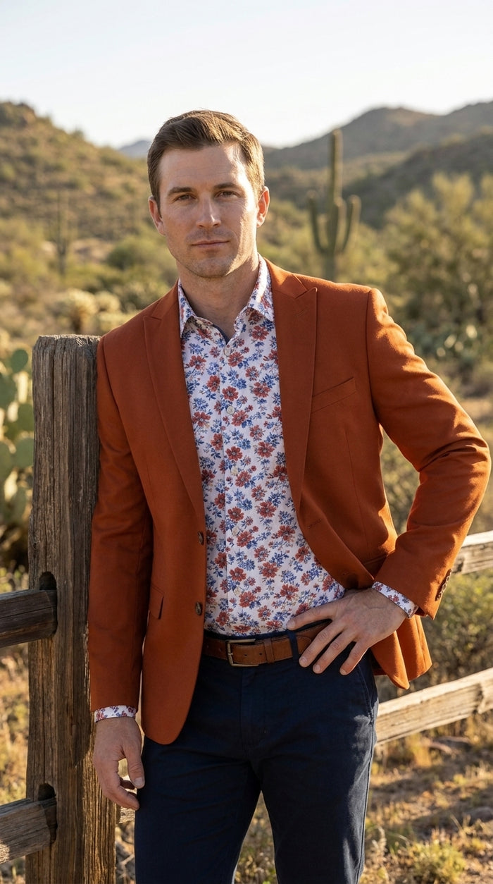 Men’s Rust Cowboy Western Blazer – Copper Brick  Color Two Button Sport Coat Peak Lapel Modern Fit