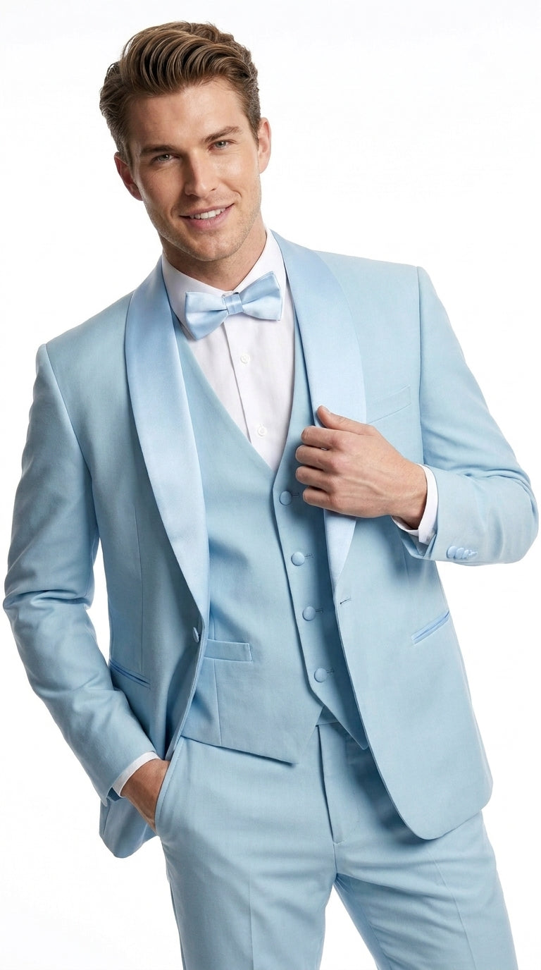 Men’s Powder Blue 3-Piece Tuxedo – Light Blue Wedding & Prom Suit with Vest in Light Blue Sky Color