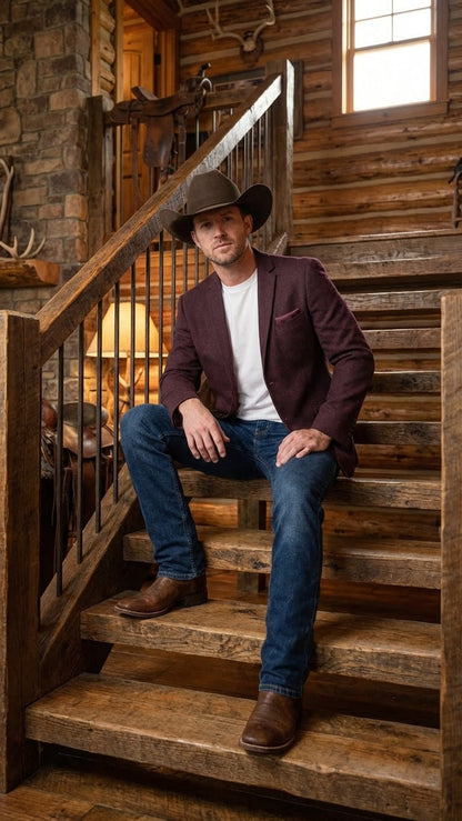 Men’s Burgundy Western  Blazer Jacket, Textured Cowboy Style Sport Coat for  - Tweed Herringbone Maroon Color