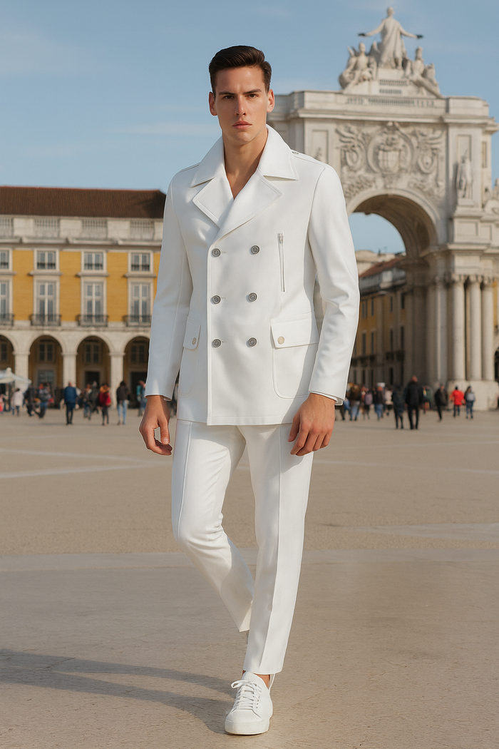 Men’s White Double-Breasted Peacoat Jacket – Classic Stylish Outerwear Wool Fabric Slim Fitted