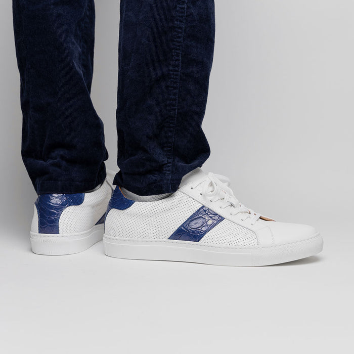 Zelli Olympias Crocodile-Trimmed Calfskin Sneakers in White and Navy