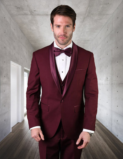 Mens Wool One Button Modern Fit Vested Shawl Prom Tuxedo in Burgundy 1 TUX-SH_BURGUNDY_42R  - from alligatorwarehouse.com