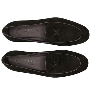 Zelli Hand-Stitched Sueded Goatskin Loafer with Crocodile Vamp in Black