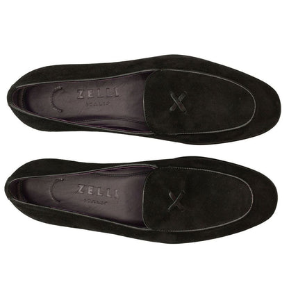 Zelli Hand-Stitched Sueded Goatskin Loafer with Crocodile Vamp in Black