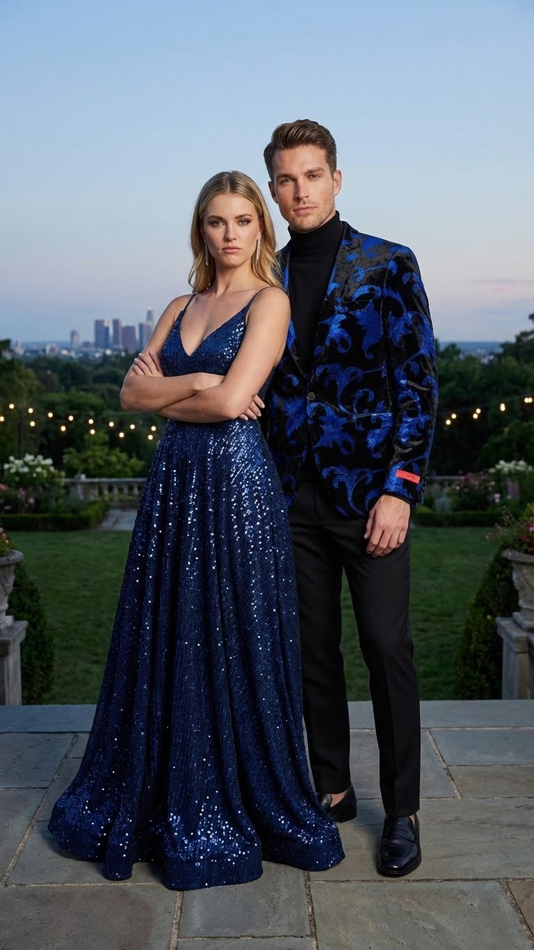 Men’s Black and Royal Blue Patterned Blazer – Paisley Floral Sport Coat Prom Jacket