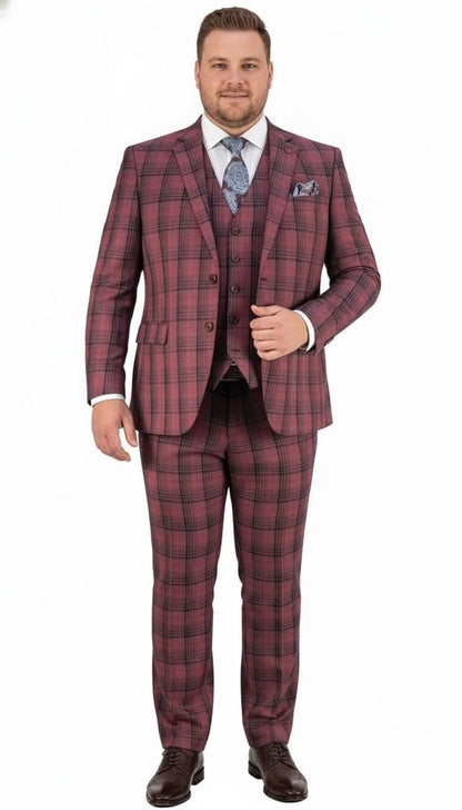 Mens Red Burgundy Plaid 3-Piece Suit – Classic Checkered Modern Fit Suit for Weddings, Church and Formal Events
