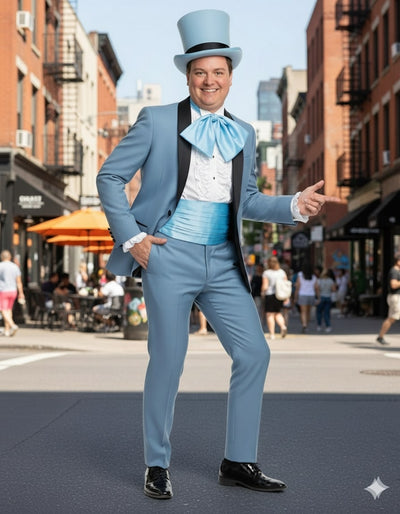 Dumb and Dumber Light Blue Tuxedo Costume for Men with Matching Top Hat – Classic 90s Party and Halloween Suit 6   - from alligatorwarehouse.com