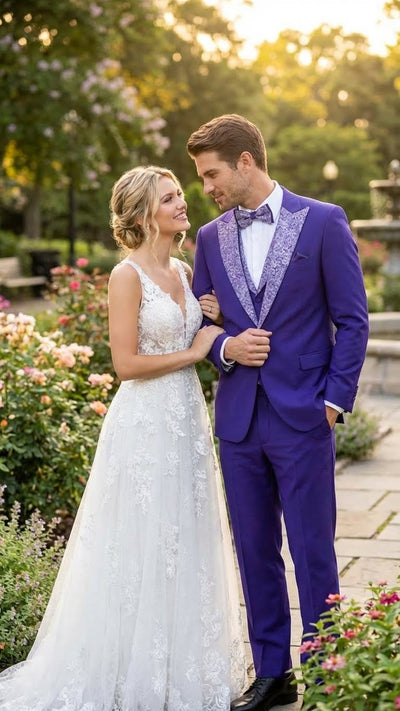 Men’s Purple and white sivler lapel  Embellished Tuxedo Suit –  Formal Wedding, Prom, and Gala Outfit Mardi Gras 3   - from alligatorwarehouse.com