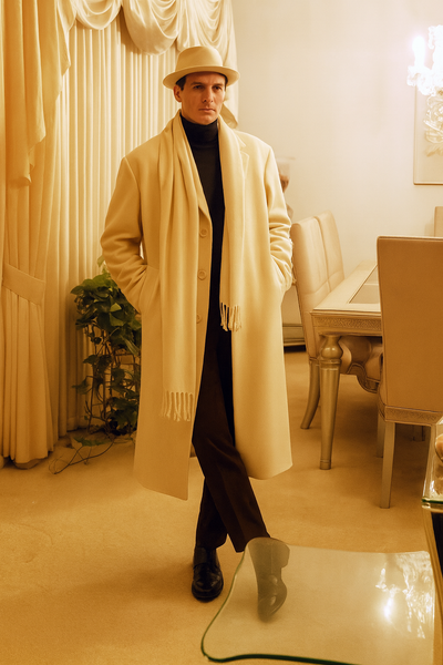Men’s Long Cream Overcoat Wool Fabric in Ivory Off White Color Full length 6   - from alligatorwarehouse.com