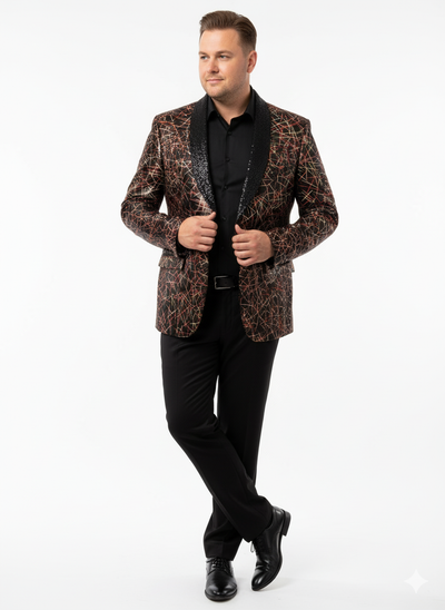 Men’s Black Shiny Designer Blazer with Red and Gold Pattern – Luxury Party & Wedding Jacket 3   - from alligatorwarehouse.com