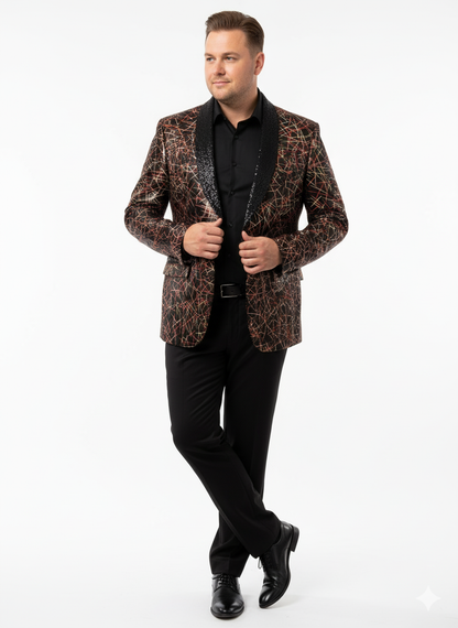 Men’s Black Shiny Designer Blazer with Red and Gold Pattern – Luxury Party & Wedding Jacket