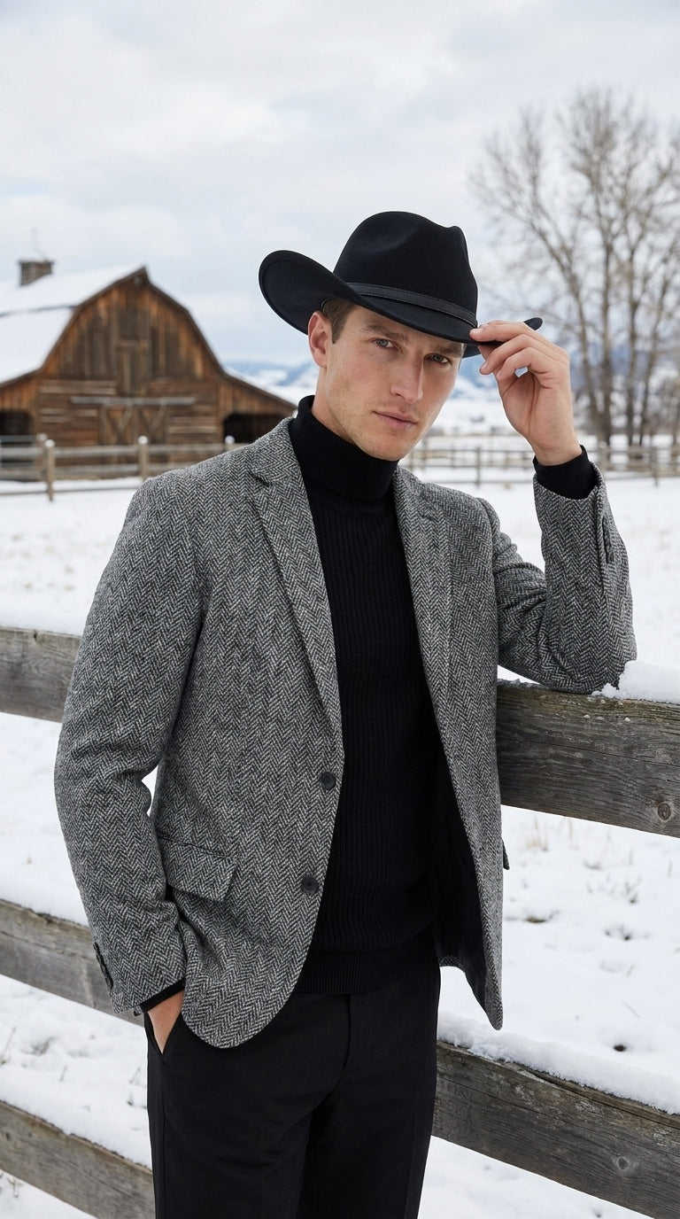 Men’s Grey Herringbone Winter Cowboy Blazer – Western Sport Coat Jacket