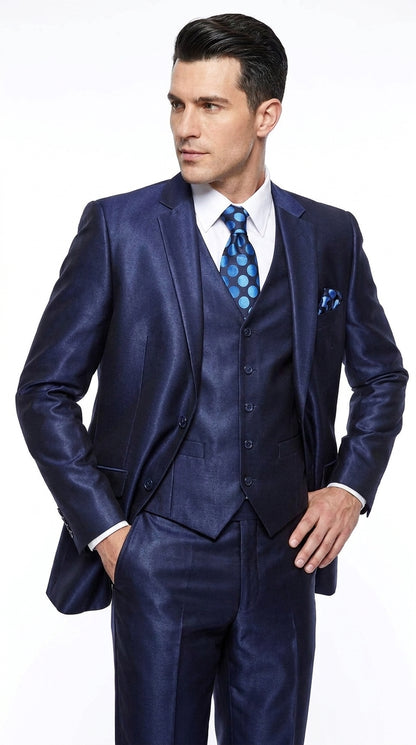 Men's Shiny Navy Blue Sateen 3-Piece Suit – Elegant Wedding, Prom Dress Suit with Matching Vest and Pants Slim Fitted