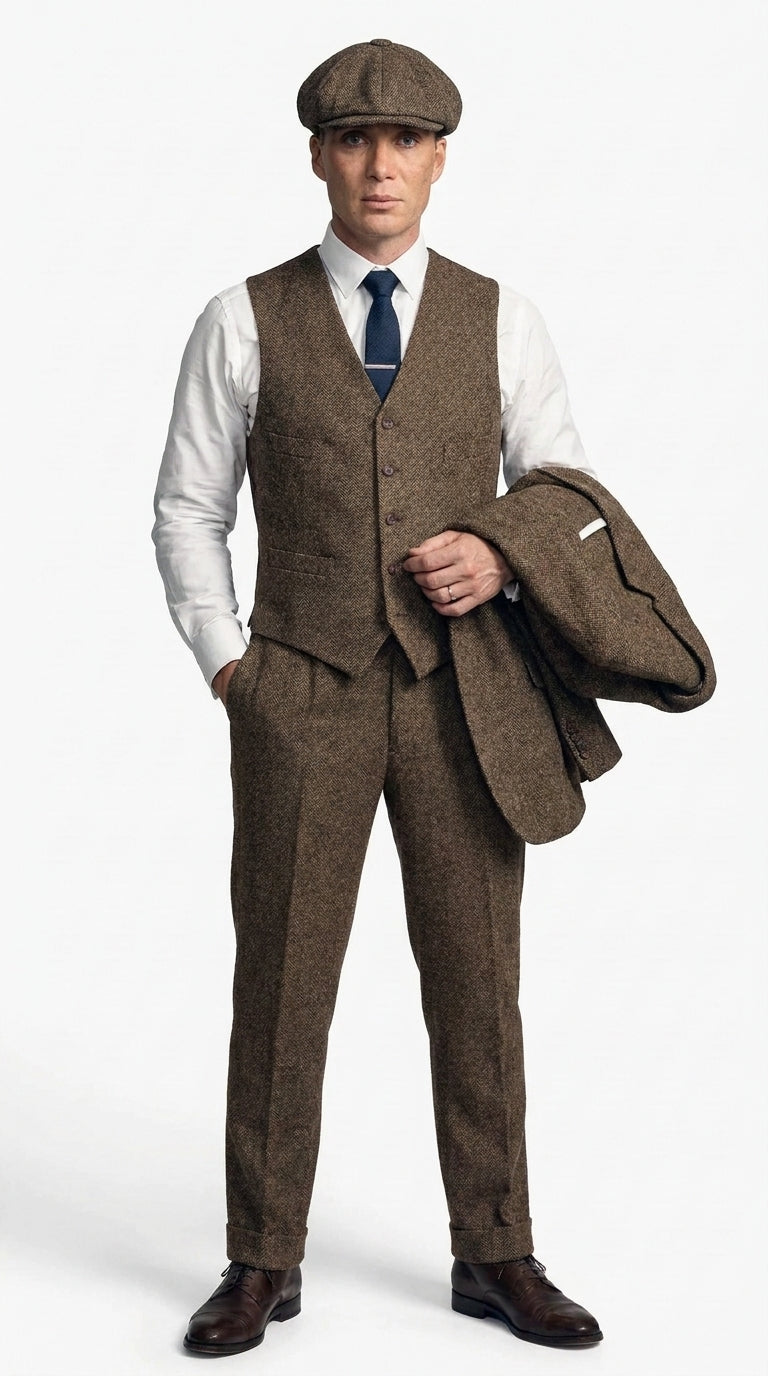 Men's Thomas Shelby Brown Tweed Herringbone 3-Piece Suit – Peaky Blinders 1920s Vintage-Style Suit with Matching Vest & Trousers