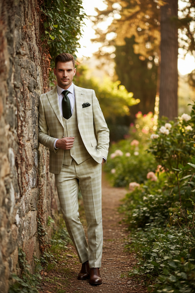 Men’s Light Beige Check 3-Piece Suit Set – Premium Tailored Fit Formal Wedding and Spring Event Suit Light Tan Sand Color By Rossiman 2   - from alligatorwarehouse.com