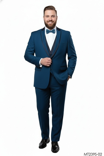 Men’s Teal Blue Tuxedo – 3-Piece Formal Suit with Satin Shawl Lapel, Vest, and Pants in Saphire Cobalt Blue Color