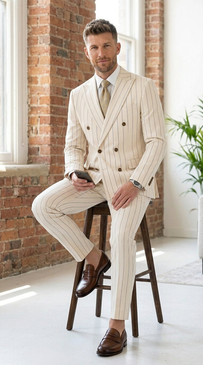 Men’s Cream Off White Pinstripe Pinstripe 2 Piece Double Breasted Suit, Summer Wedding Ivory Color By Vitali