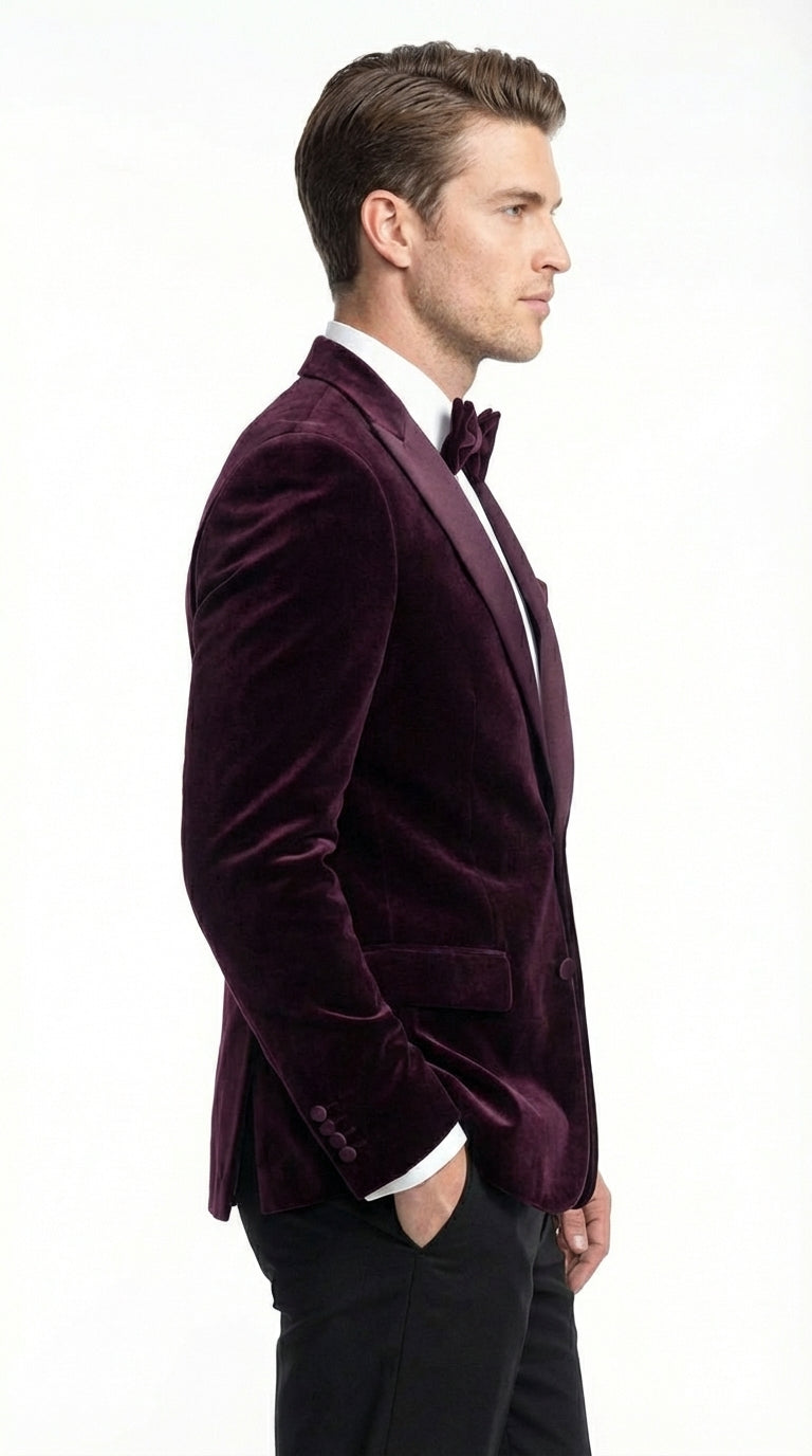 Mens Plum Eggplant Velvet Blazer Jacket – Luxury Velvet Dinner Jacket for Wedding, Tuxedo Events, Formal Parties in Burgundy Color