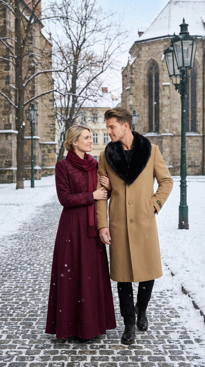 Men’s Camel Tan Long Overcoat with Black Faux Fur Collar - Wool Topcoat Three if not Full length