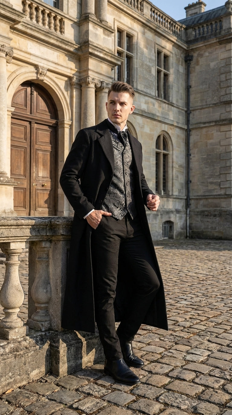 Men’s Matrix Neo Inspired Black Wool Duster Coat – Long Gothic Victorian Full Length Overcoat