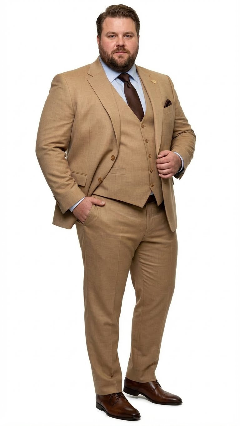 Men's Tan Three-Piece Suit with Vest – Classic Tailored Fit  in camel khaki Bronze color By Rossiman