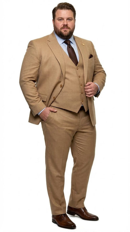 Men's Tan Three-Piece Suit with Vest – Classic Tailored Fit  in camel khaki Bronze color By Rossiman