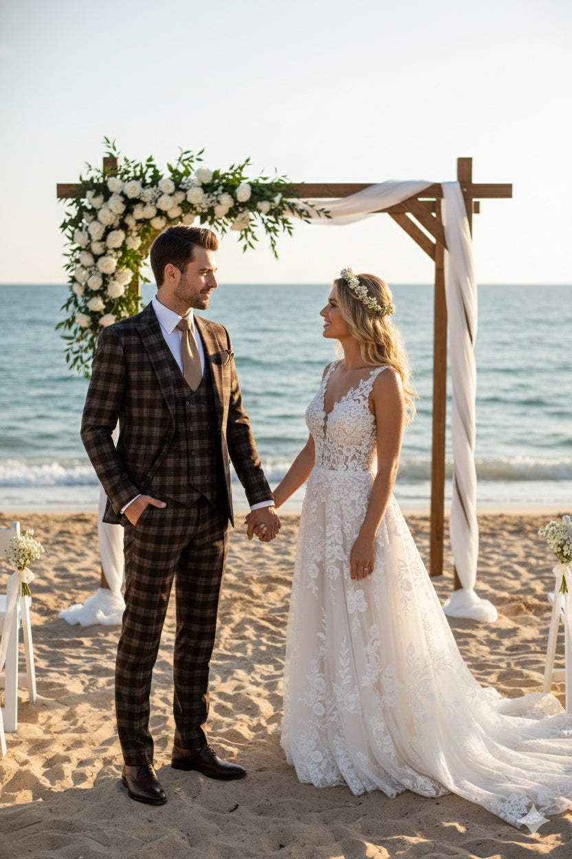 Men’s Brown Plaid Windowpane Three-Piece Suit Set – Classic Slim Fit Jacket, Double-Breasted Vest and Modern Fit Pants  By Rossiman