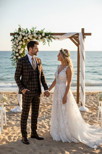 Men’s Brown Plaid Windowpane Three-Piece Suit Set – Classic Slim Fit Jacket, Double-Breasted Vest and Modern Fit Pants  By Rossiman