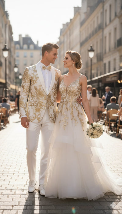 Mens White and Gold Floral Tuxedo Jacket with Satin Lapel – Luxury Prom, Wedding and Formal Dinner Blazer 6   - from alligatorwarehouse.com