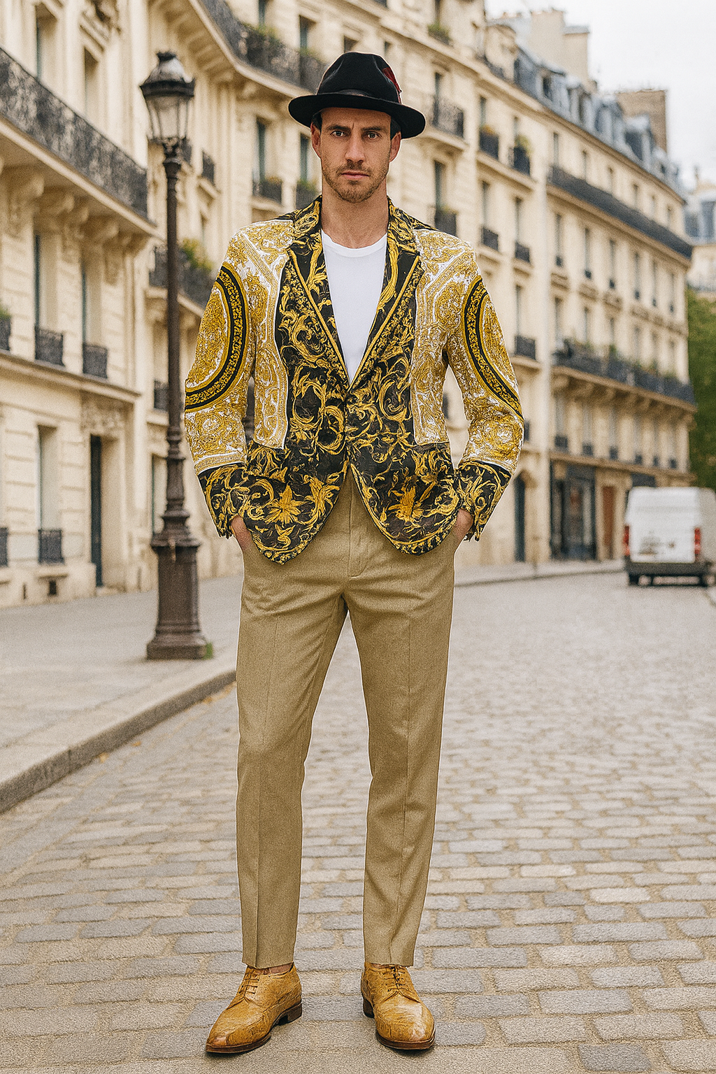 Men’s Black and Gold Baroque Blazer with Matching Pants, Hat, and Shoes – Luxury Party and Wedding Outfit Set 1   - from alligatorwarehouse.com