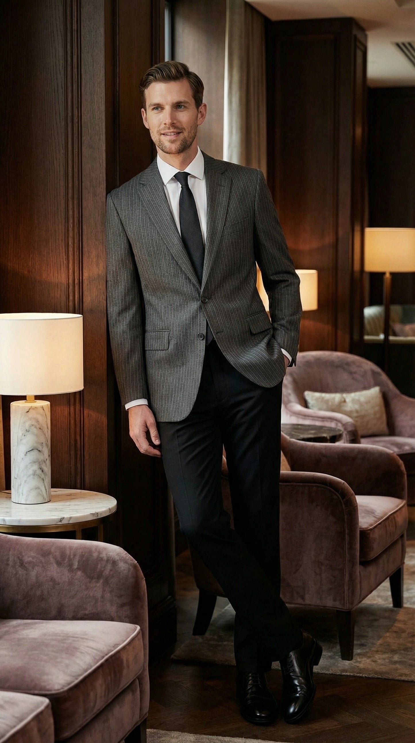 Men’s Charcoal Grey Pinstripe Blazer – Classic Tailored Formal Jacket for Business, Professional Wear Sportcoat