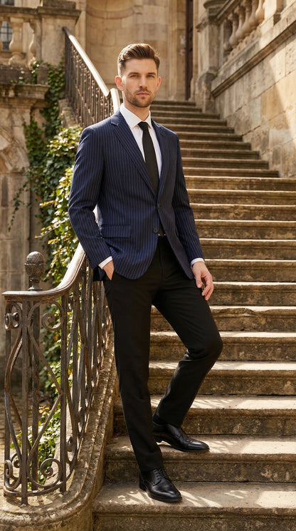 Men’s Navy Blue Pinstripe Blazer – Classic Tailored Formal Jacket for Business, Office and Professional Wear