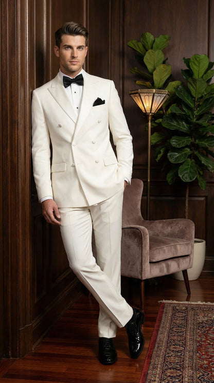Men’s ivory Cream Double Breasted Suit – Classic Formal Tuxedo Style Suit for Weddings off White Color