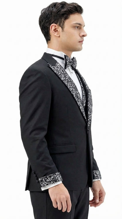 Mens Black and White Lapel Tuxedo Suit – Black Formal Tuxedo with White Pattern Lapel for Wedding, Prom and Evening Events