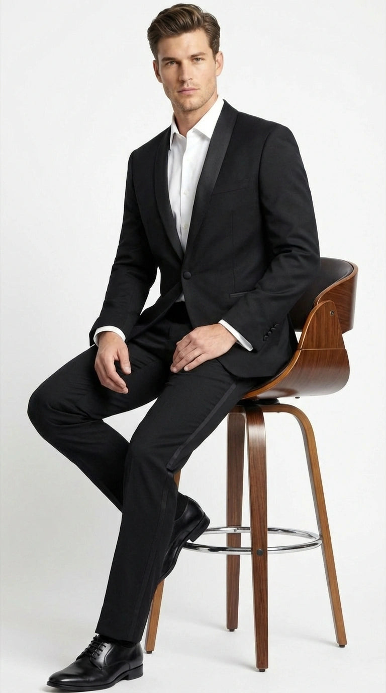 Tiglio Designer Men’s Black Single Button Tuxedo Suit – Formal Black Business and Wedding Suit Shawl Collar  Super 150's Wool Fabric