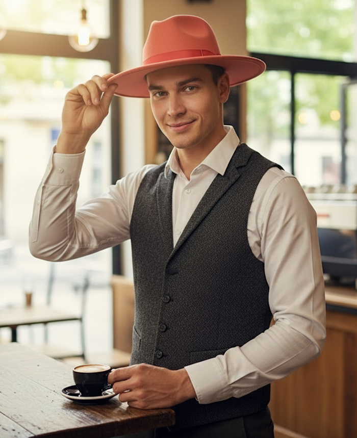 Men’s Coral Pink Wide Brim Fedora Hat – Wool Felt Dress Hat with Red Ribbon Band
