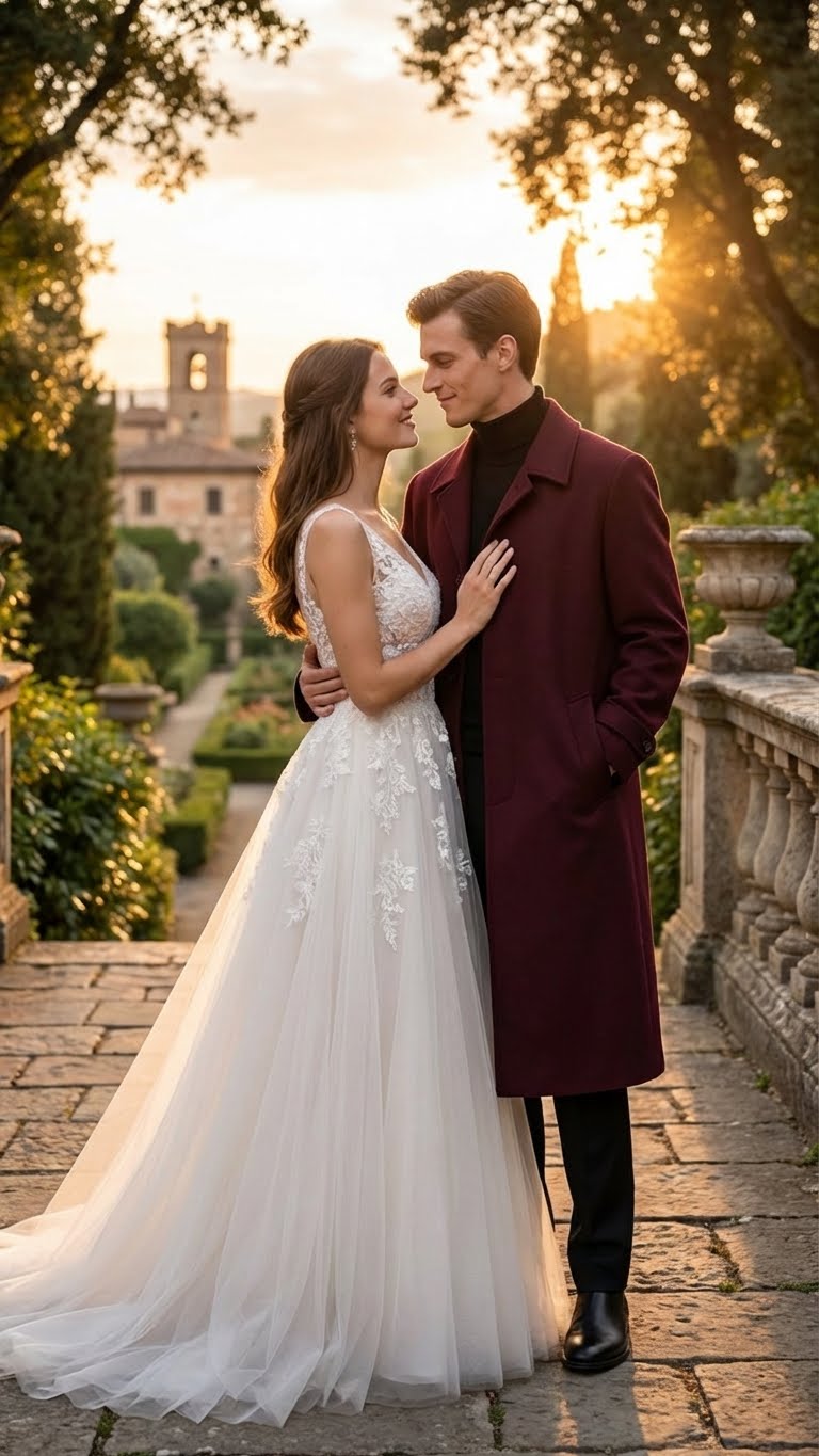 Men’s Full-Length Burgundy Overcoat – Microfiber 4 season fabric  Long Formal Coat with Classic Tailored Maxi Duster Coat