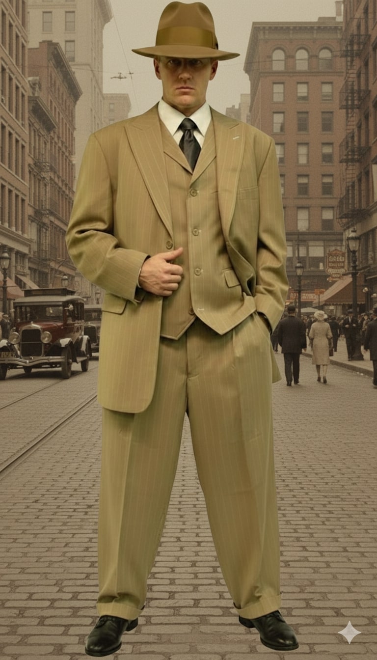 Mens Tan Pinstripe Three Button Suit – 1920s Gangster Vintage 3-Piece Suit with Wide-Leg Pants and Fedora Style in Beige Color