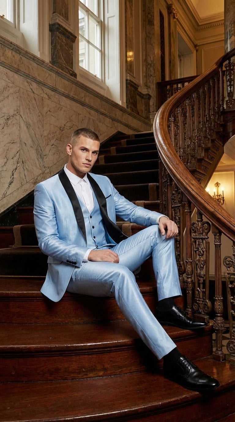 Men’s Light Blue Shiny 3 Piece Suit with Black Shawl Lapel | Formal Wedding Prom Suit - Sateen Sharskin Suit