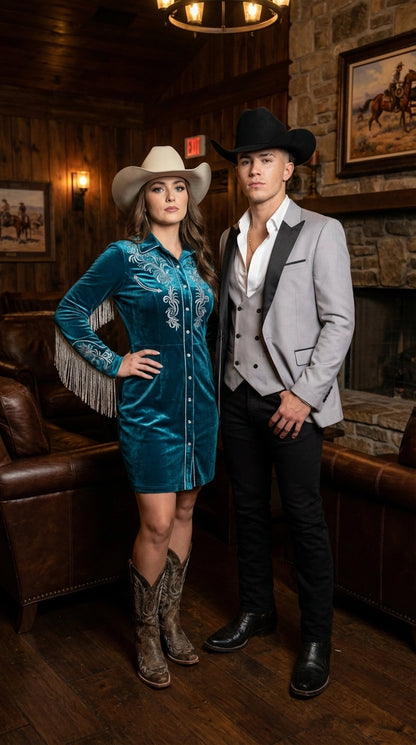 Men’s Light Gray Cowboy Tuxedo with Black Satin Lapel – Western Formal Suit with Double Breasted Vest