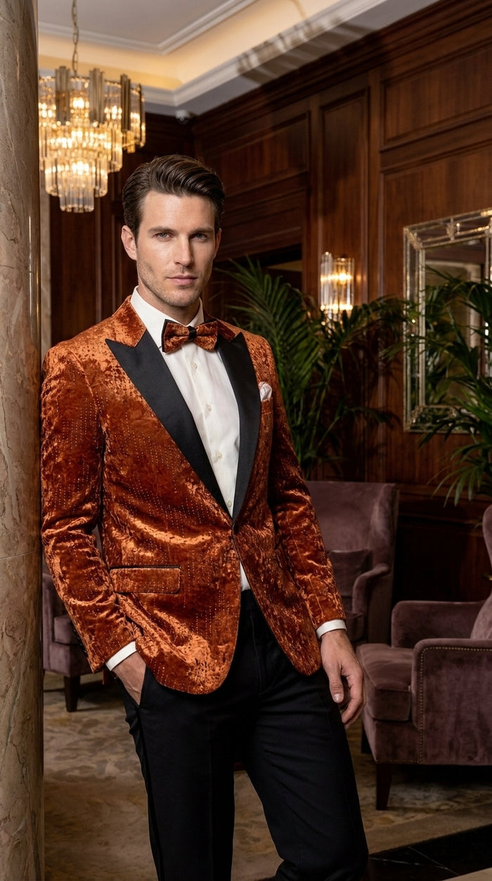 Men’s Burnt Orange Sequin Velvet Blazer – Kingsman Golden Bee Inspired Black Peak Lapel Dinner Jacket