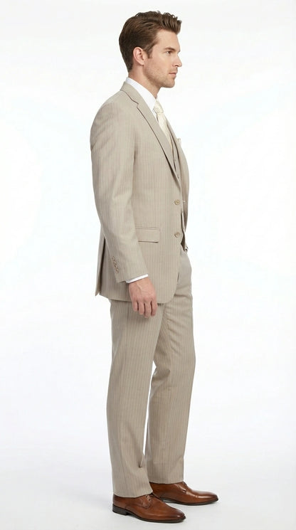 Men’s Tan Pinstripe Three Piece Suit – Classic Fit Pleated Pants  Tan Sand Beige Wedding, Church Shadow Ton on Tone  Business Suit for Men