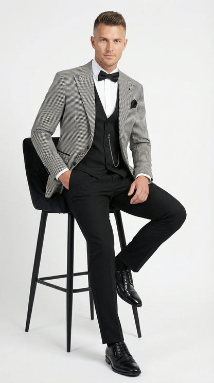 Men’s Black and White Houndstooth Gatsby Inspired Suit – Vintage Style Formal Suit for Wedding, Prom and Classic Events Blazer + Black vest + Black Pants