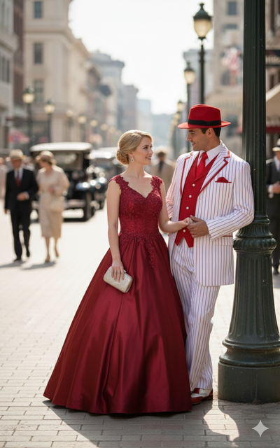Men’s 1920s White and Red Pinstripe Zoot Suit with Fedora Hat and Wingtip Shoes – Vintage Gangster 3-Piece New Year Holiday Christmas Suit 3   - from alligatorwarehouse.com