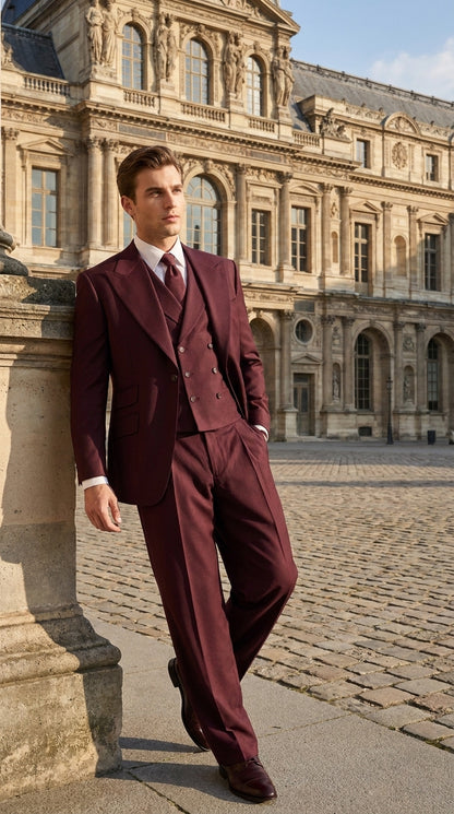 Tiglio Rosso Men’s Burgundy Wool Suit – Classic Fit Big Lapel Suit with Wide Leg Pleated Pants & Side Vents