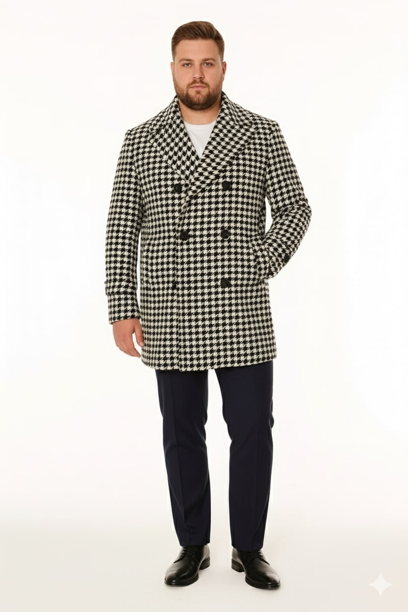 Mens Houndstooth Double-Breasted Overcoats – Classic Black and White Wool Blend Peacoat Wool Fabric